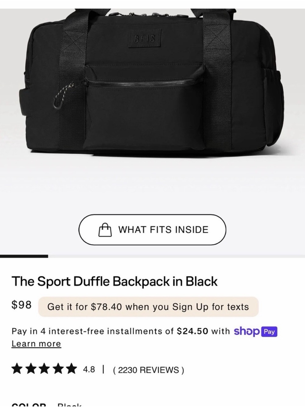BEIS Black Sport Duffle Bag with Front Pocket